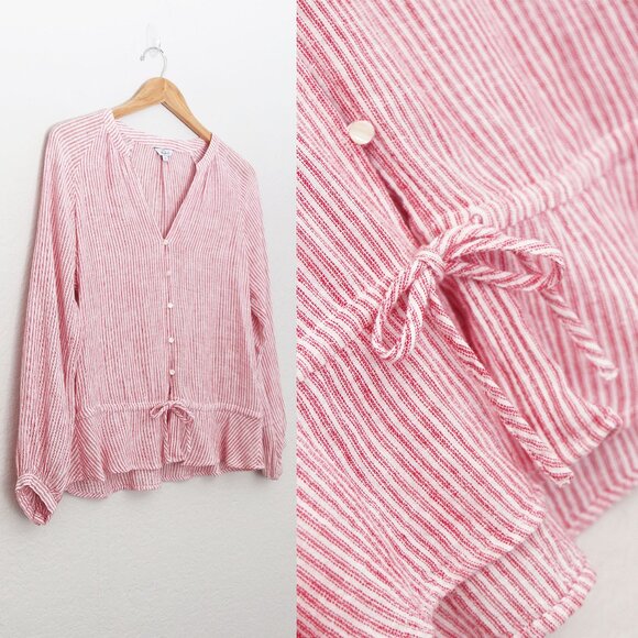 Rails Marti Scarlet Stripe Blouse S Linen Blend V Neck Tie Waist Coastal $158 - Picture 6 of 15